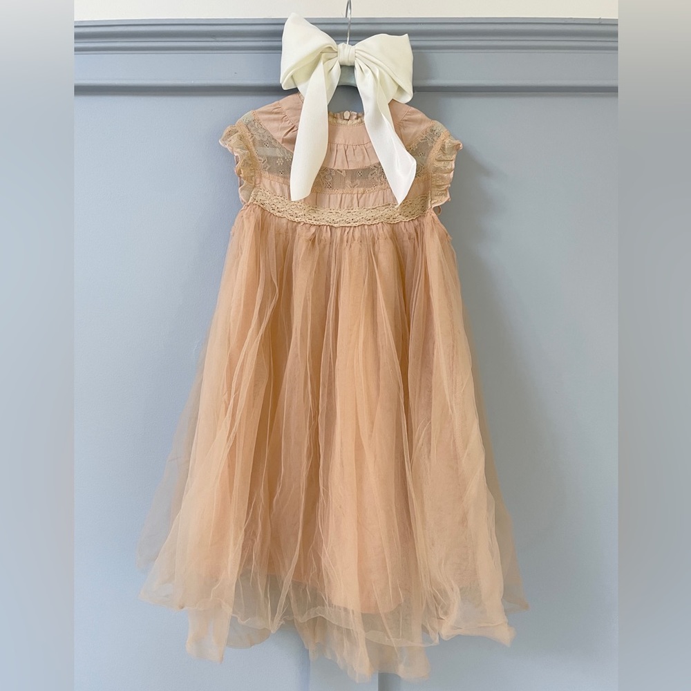 Dusty Butterscotch Colored Detail Empire Waist Puffy Party Dress | Girl Size 6-8